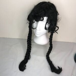Wig Long Black Curly Bangs Braided Pigtails Halloween Costume Dress Up Cher